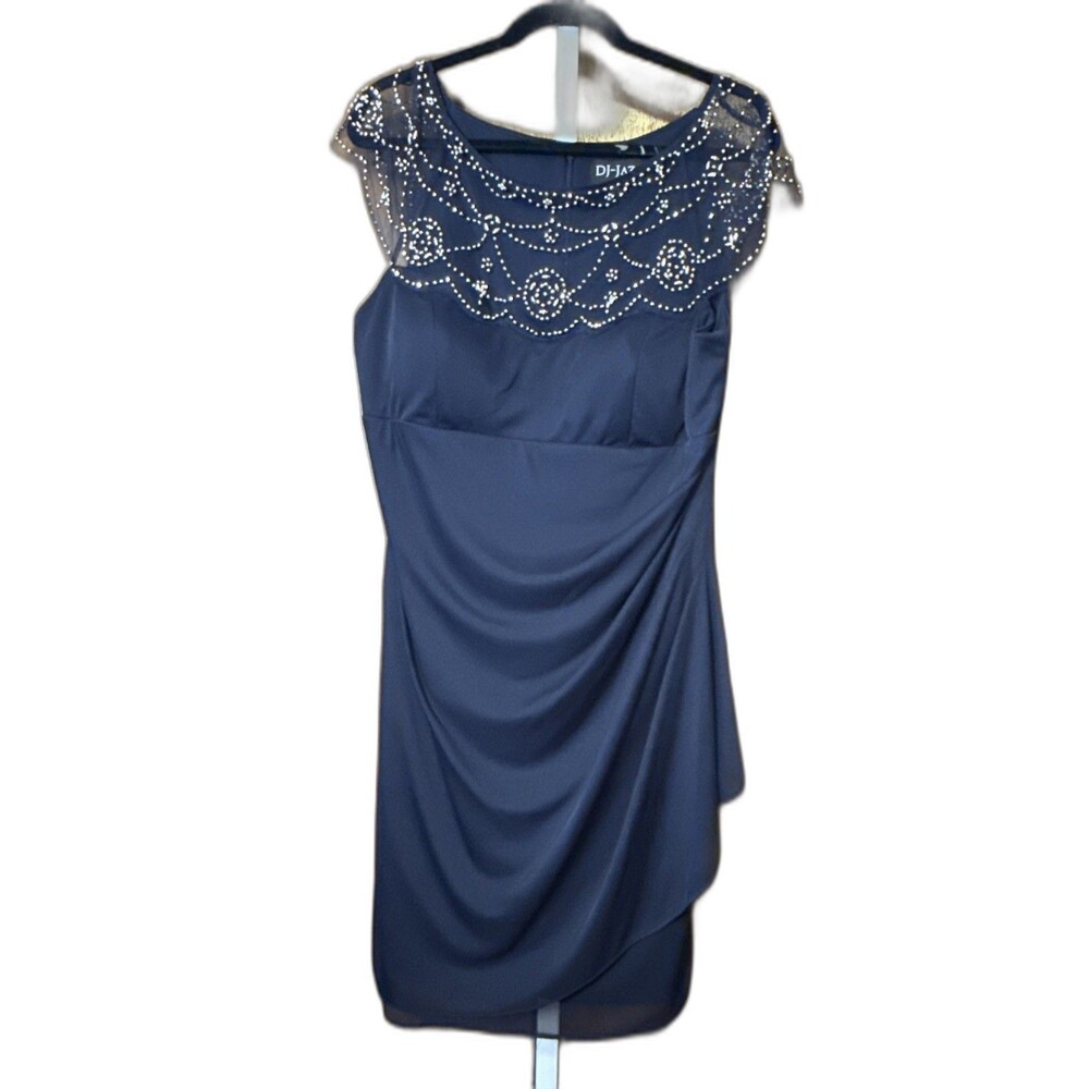 Navy Silver Beading Sheer Flutter Sleeves Women’s Cocktail Dress Sz 16 Wedding